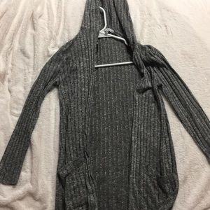 gray ribbed long cardigan with hood